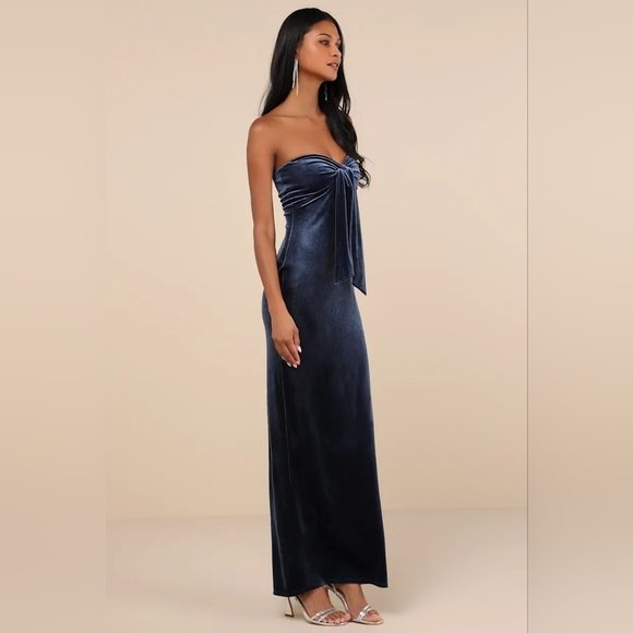 Lulus Divine Existence Navy Blue Velvet Tie-Front Strapless Maxi Dress Wedding - Picture 3 of 8